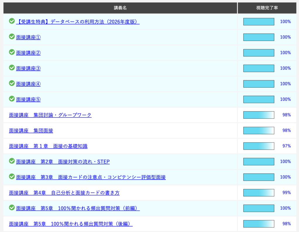 公務員のライト面接講座の受講履歴